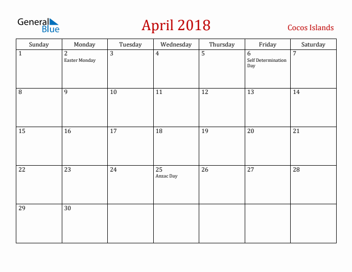 Cocos Islands April 2018 Calendar - Sunday Start
