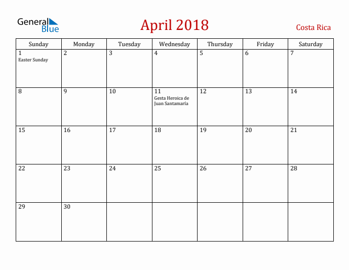 Costa Rica April 2018 Calendar - Sunday Start