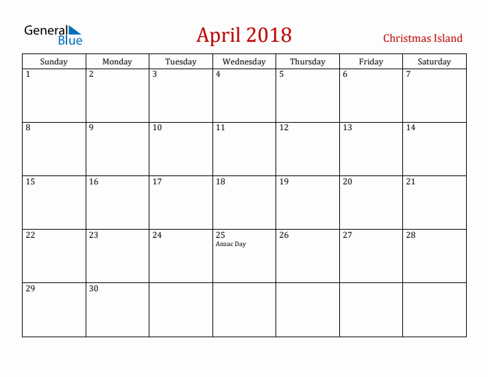 Christmas Island April 2018 Calendar - Sunday Start