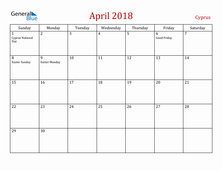 Cyprus April 2018 Calendar - Sunday Start