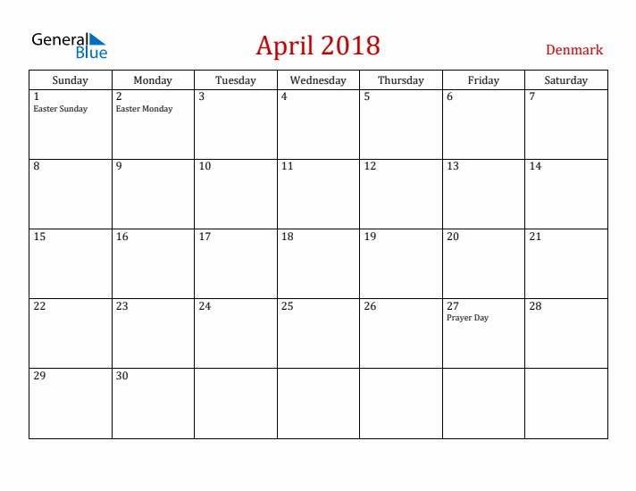 Denmark April 2018 Calendar - Sunday Start