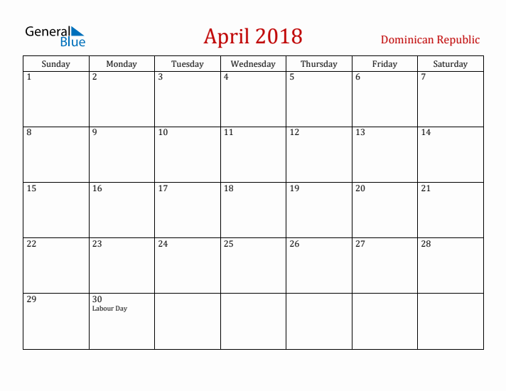 Dominican Republic April 2018 Calendar - Sunday Start