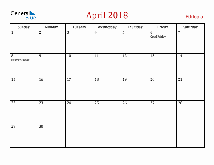Ethiopia April 2018 Calendar - Sunday Start