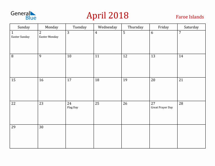 Faroe Islands April 2018 Calendar - Sunday Start