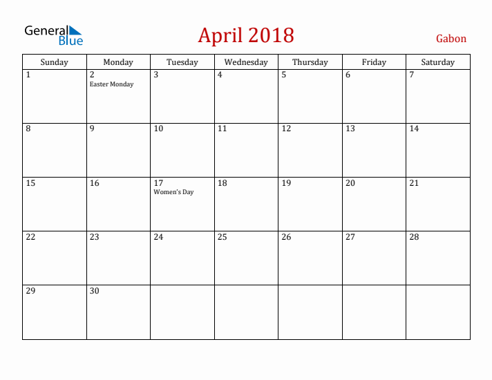 Gabon April 2018 Calendar - Sunday Start