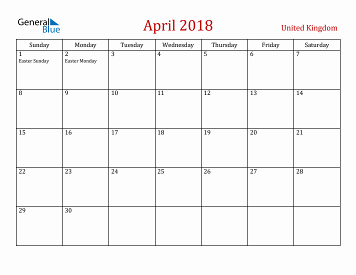 United Kingdom April 2018 Calendar - Sunday Start