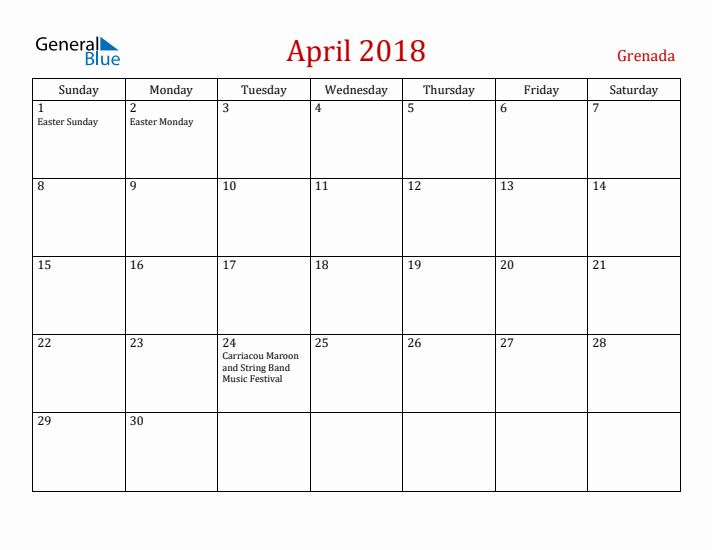 Grenada April 2018 Calendar - Sunday Start