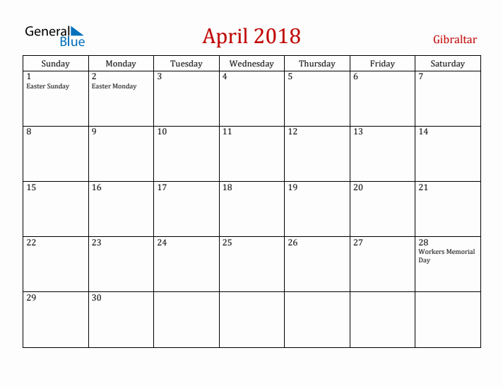 Gibraltar April 2018 Calendar - Sunday Start