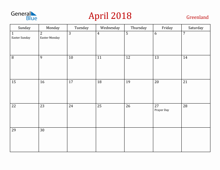 Greenland April 2018 Calendar - Sunday Start