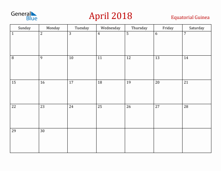 Equatorial Guinea April 2018 Calendar - Sunday Start