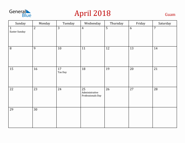 Guam April 2018 Calendar - Sunday Start