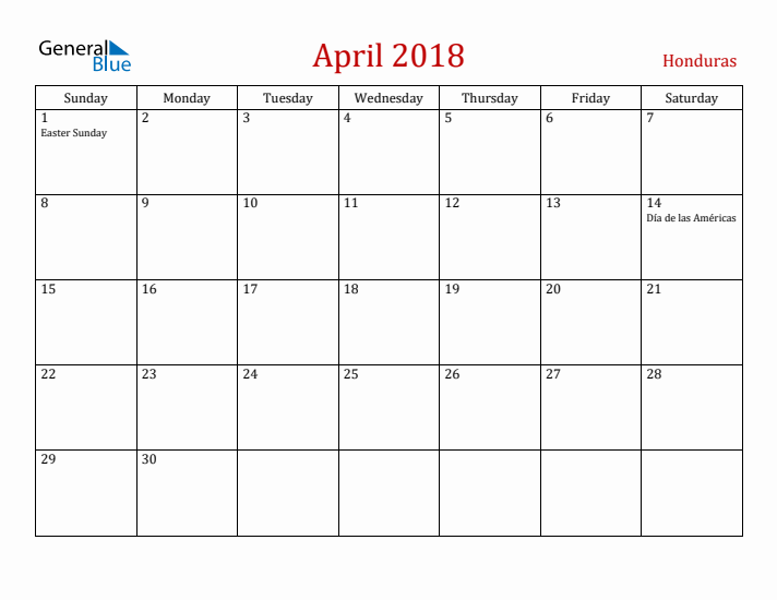 Honduras April 2018 Calendar - Sunday Start