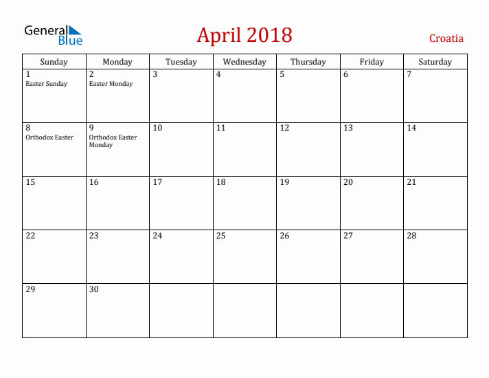 Croatia April 2018 Calendar - Sunday Start