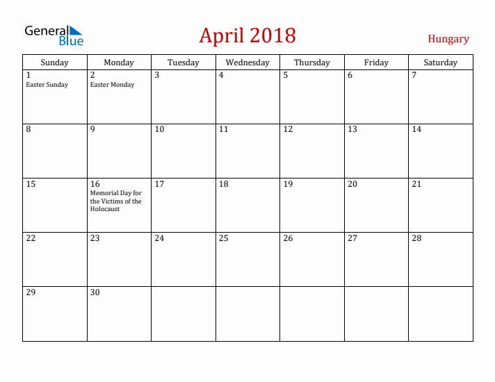 Hungary April 2018 Calendar - Sunday Start