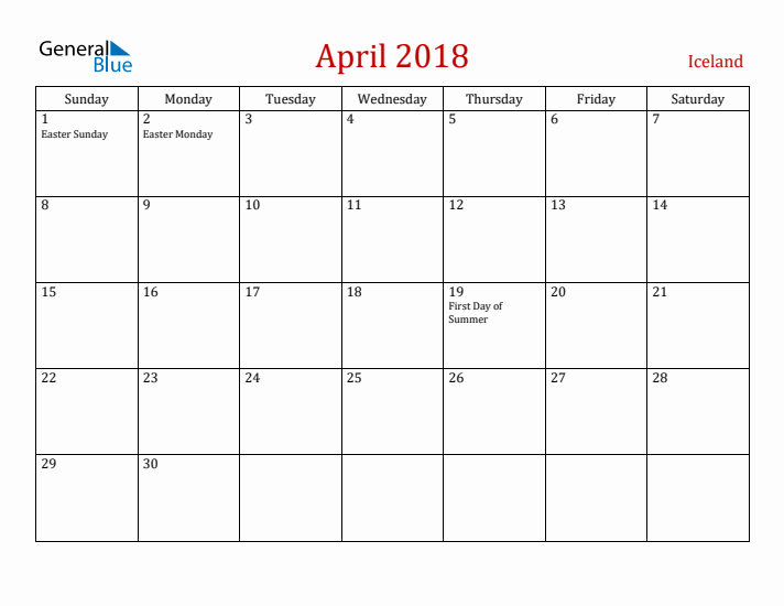 Iceland April 2018 Calendar - Sunday Start