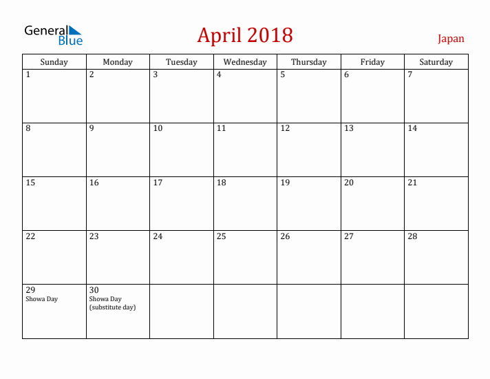 Japan April 2018 Calendar - Sunday Start