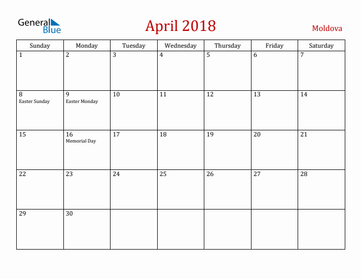 Moldova April 2018 Calendar - Sunday Start