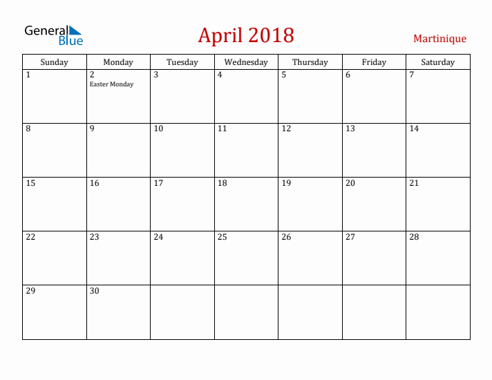 Martinique April 2018 Calendar - Sunday Start
