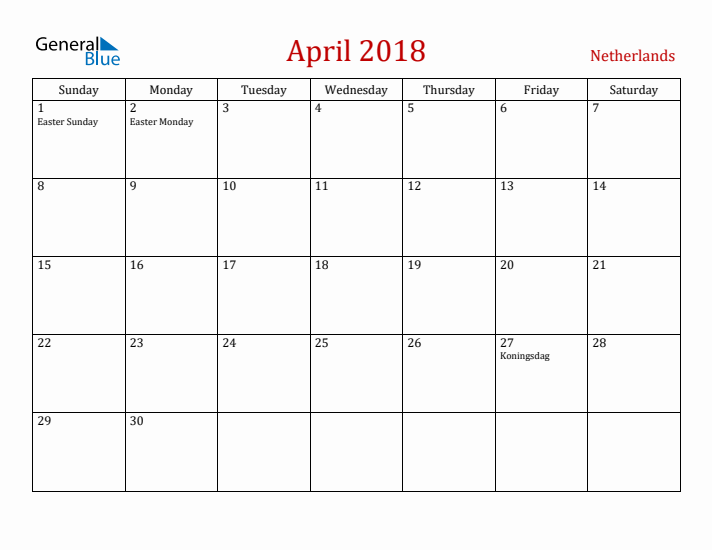 The Netherlands April 2018 Calendar - Sunday Start