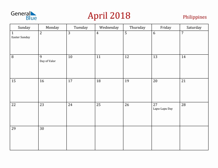 Philippines April 2018 Calendar - Sunday Start