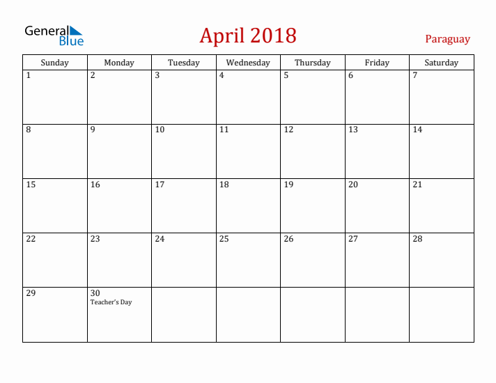 Paraguay April 2018 Calendar - Sunday Start
