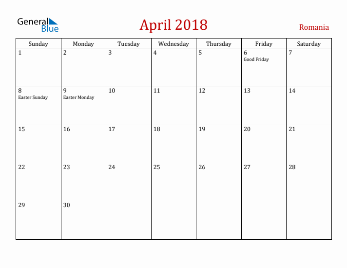Romania April 2018 Calendar - Sunday Start