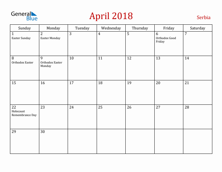 Serbia April 2018 Calendar - Sunday Start