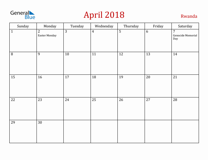 Rwanda April 2018 Calendar - Sunday Start