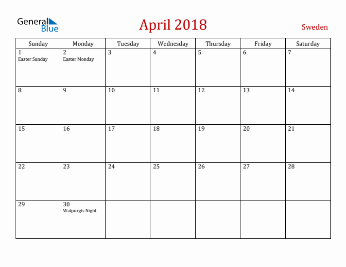 Sweden April 2018 Calendar - Sunday Start