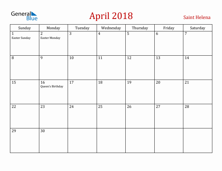 Saint Helena April 2018 Calendar - Sunday Start
