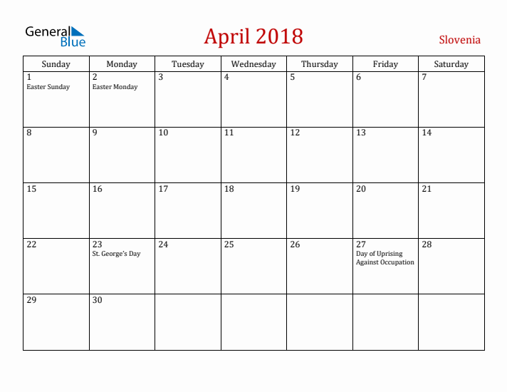 Slovenia April 2018 Calendar - Sunday Start