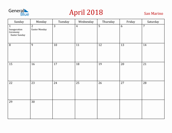 San Marino April 2018 Calendar - Sunday Start
