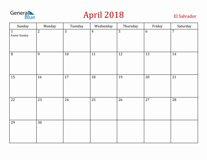 El Salvador April 2018 Calendar - Sunday Start