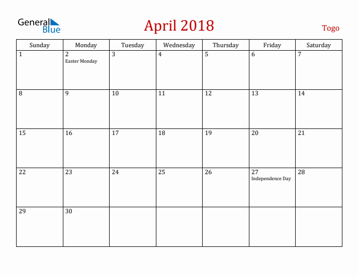 Togo April 2018 Calendar - Sunday Start