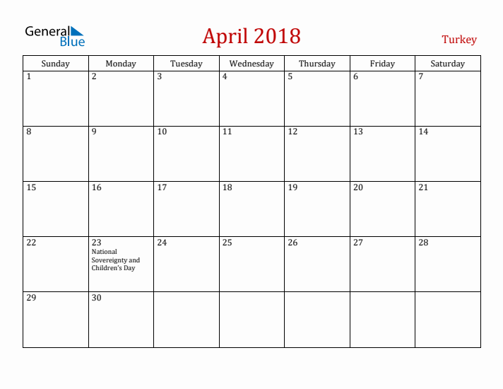 Turkey April 2018 Calendar - Sunday Start
