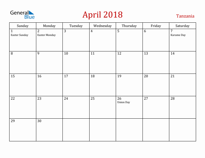 Tanzania April 2018 Calendar - Sunday Start