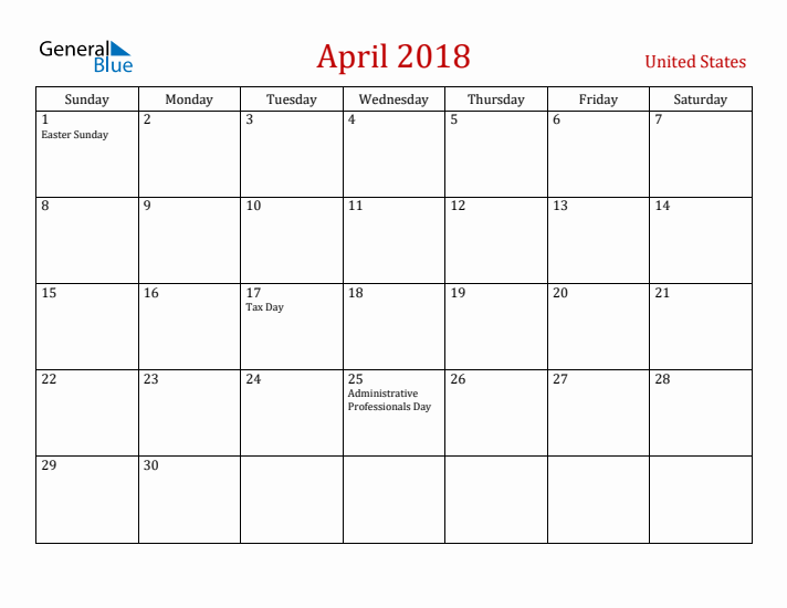 United States April 2018 Calendar - Sunday Start
