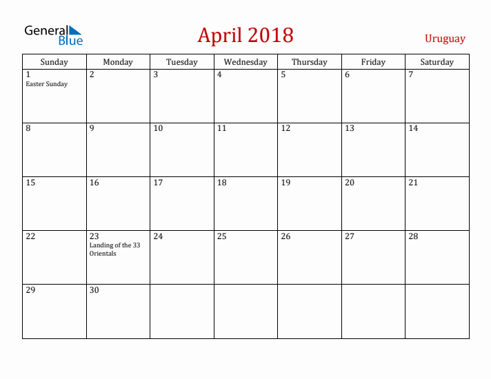 Uruguay April 2018 Calendar - Sunday Start