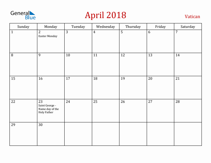 Vatican April 2018 Calendar - Sunday Start