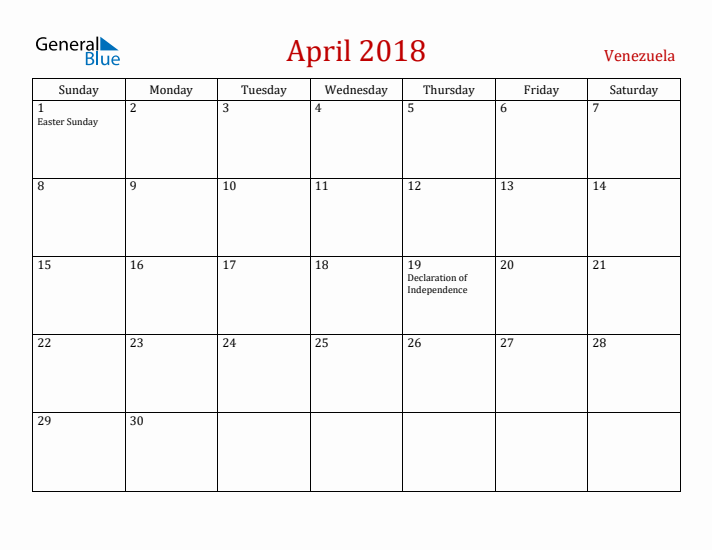Venezuela April 2018 Calendar - Sunday Start