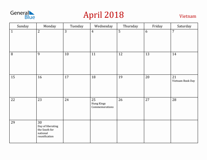 Vietnam April 2018 Calendar - Sunday Start