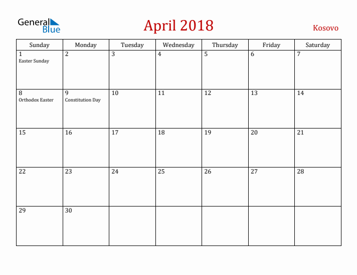 Kosovo April 2018 Calendar - Sunday Start