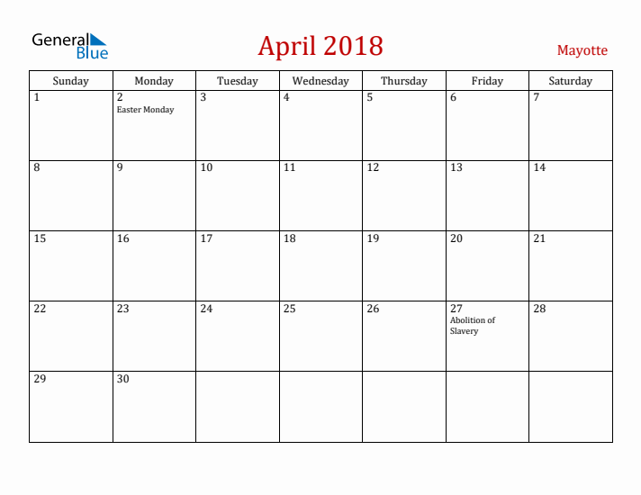 Mayotte April 2018 Calendar - Sunday Start