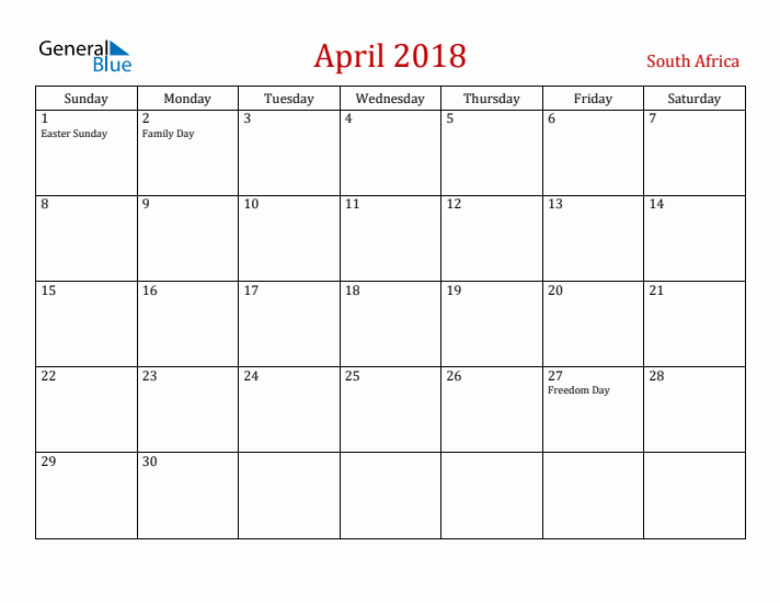 South Africa April 2018 Calendar - Sunday Start