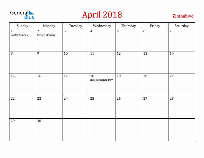 Zimbabwe April 2018 Calendar - Sunday Start