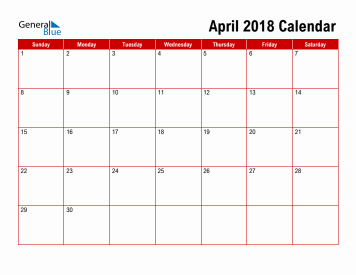Simple Monthly Calendar - April 2018