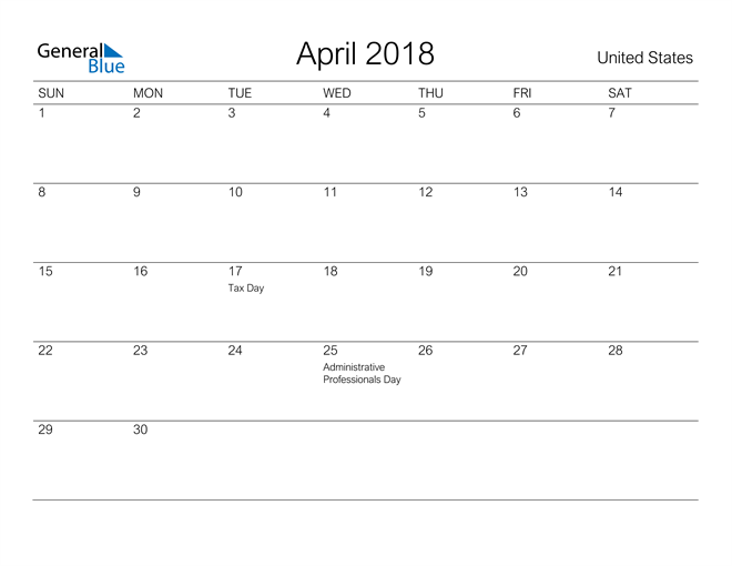 Printable April 2018 Calendar for United States