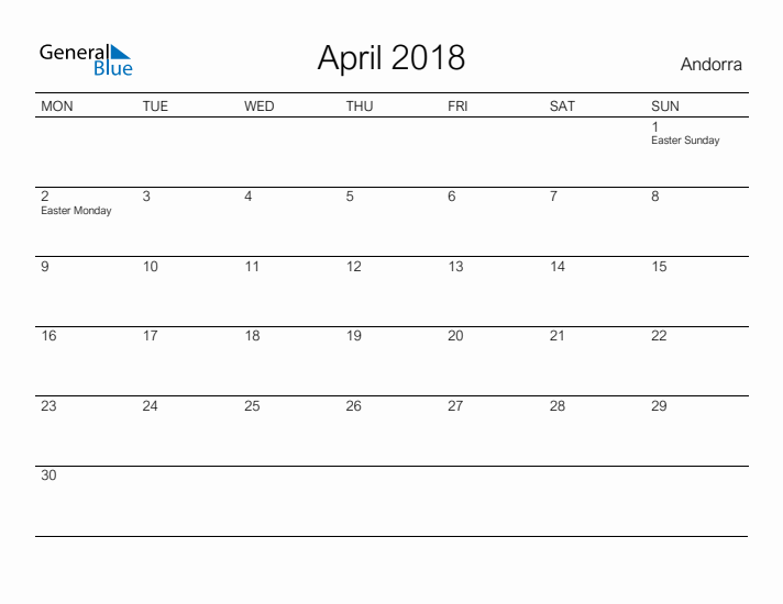 Printable April 2018 Calendar for Andorra