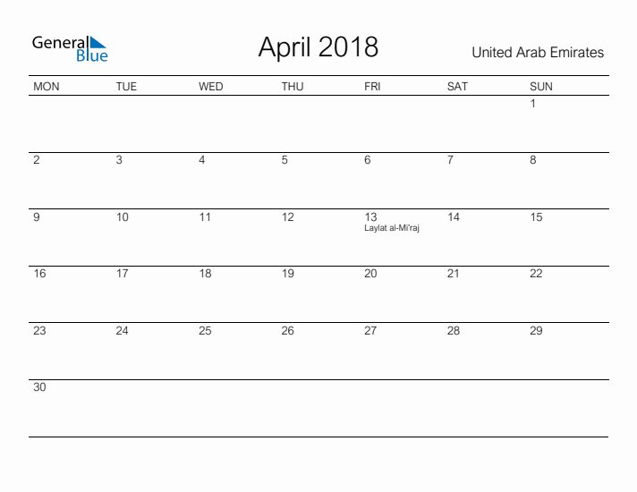 Printable April 2018 Calendar for United Arab Emirates