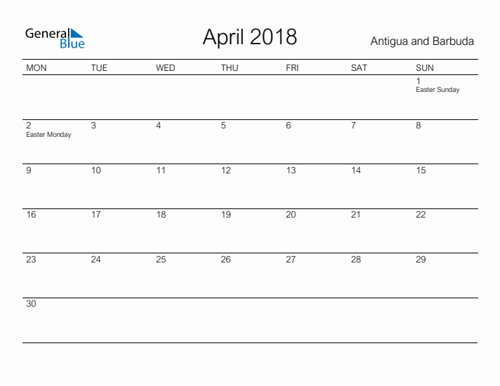 Printable April 2018 Calendar for Antigua and Barbuda